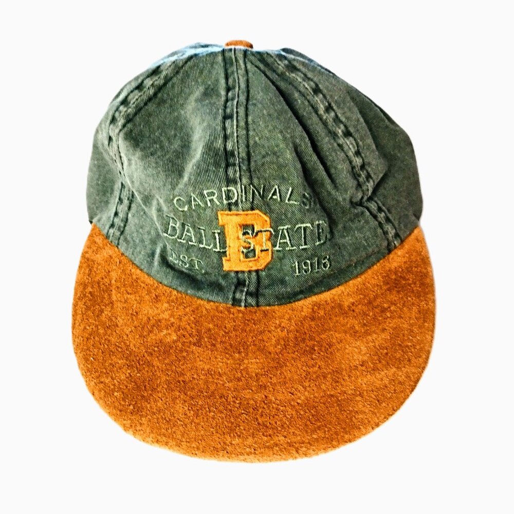 BALL STATE (BSU) Cardinals Denim Green & Suede Ball Cap ~ Adj. Leather Strap NEW
